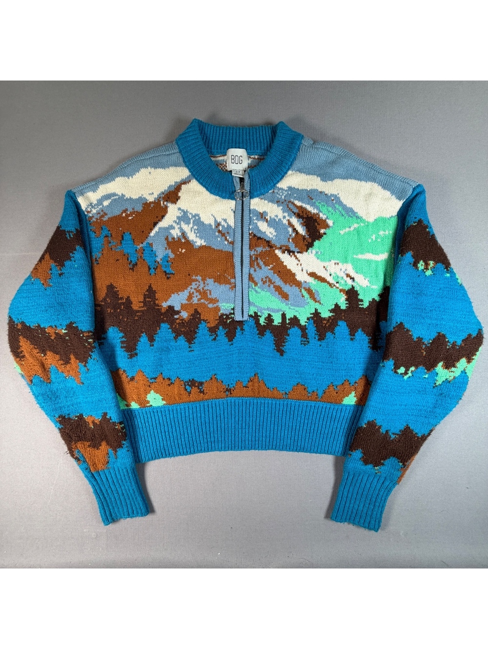 BDG Urban Outfitters Mountain Landscape Sweater Womens S Blue 1/4 Zip Cropped